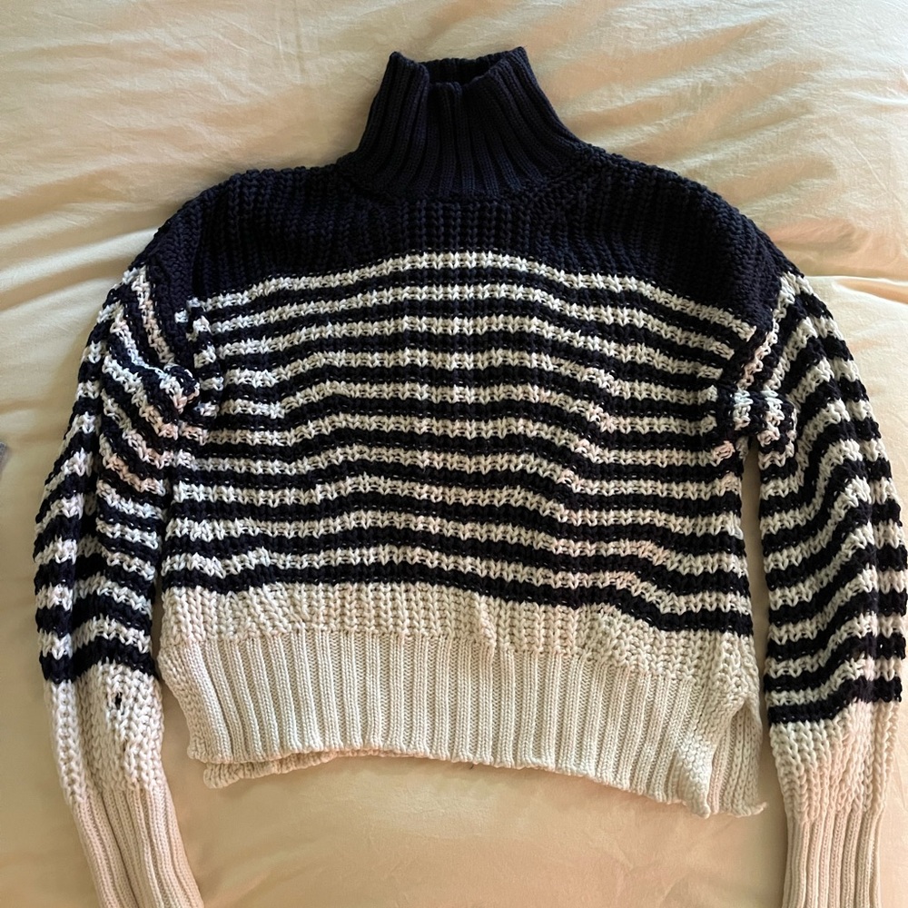 La Ligne Navy and Cream Striped Turtleneck Sweater